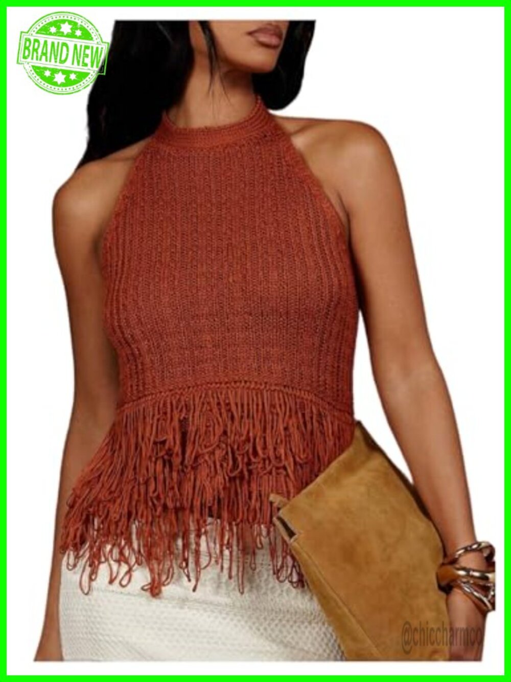 Boho Fringe Halter Tank Top Open Back Knit Crochet Slim Fit Sleeveless